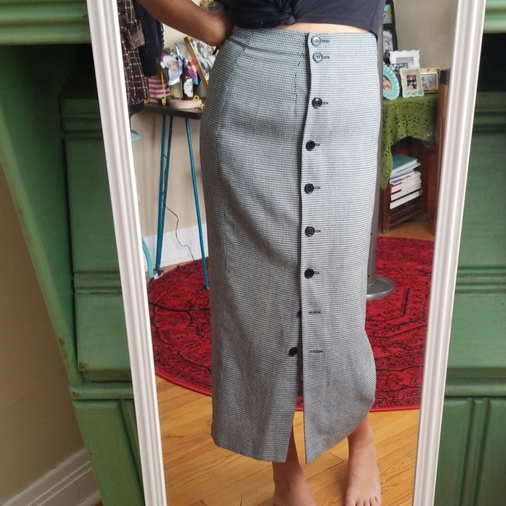 VTG Gingham Blk & White Button Pencil Skirt - Picture 1 of 8